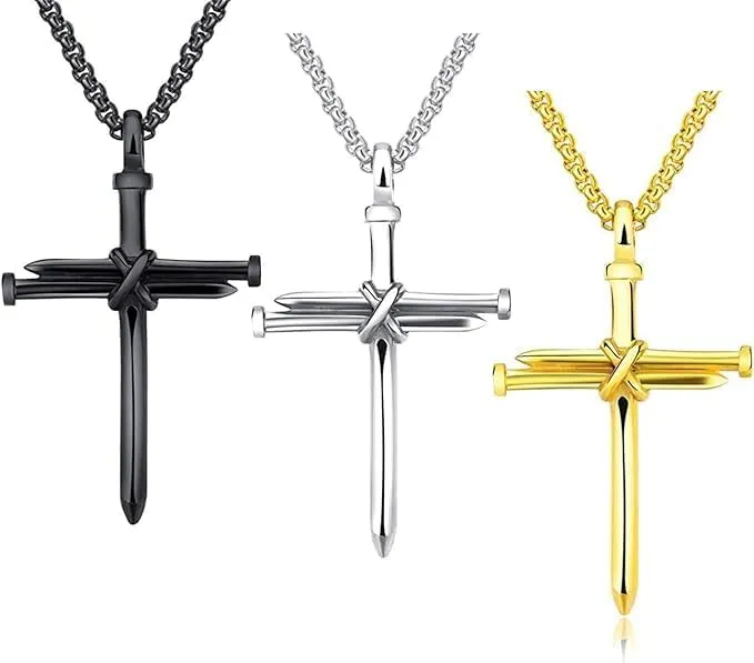 XAM 3PCS Fashion Jewelry Polished Stainless Steel Nail Cross Pendant-Chain Necklace Christian Jewelry Church Baptism Gift Cross Pendant Necklaces for Men Women