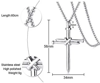 XAM 3PCS Fashion Jewelry Polished Stainless Steel Nail Cross Pendant-Chain Necklace Christian Jewelry Church Baptism Gift Cross Pendant Necklaces for Men Women