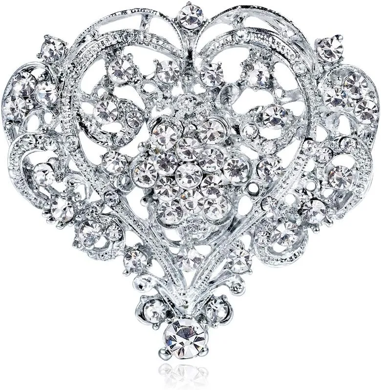XGALBLA White Austrian Crystal Bridal Heart Flower Filigree Brooch Clear Silver-Tone for Women