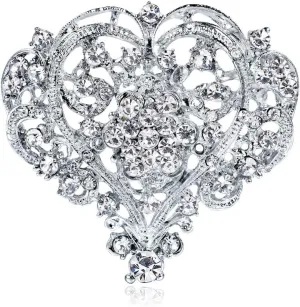 XGALBLA White Austrian Crystal Bridal Heart Flower Filigree Brooch Clear Silver-Tone for Women