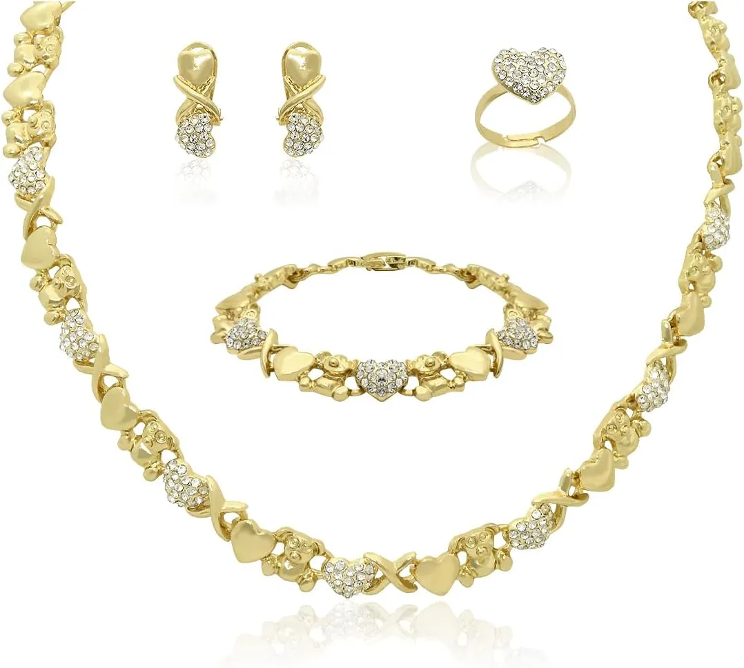 XOXO Women Jewelry Necklace Set 18K Gold Plated Bride Bridesmaid Fashion Rhinestone Wedding Jewelry Necklace Earrings Bracelet Ring 4 Pieces Set