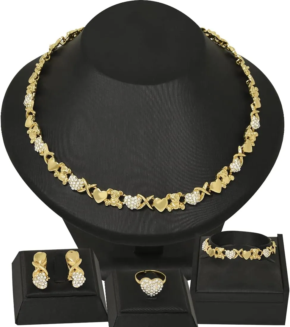 XOXO Women Jewelry Necklace Set 18K Gold Plated Bride Bridesmaid Fashion Rhinestone Wedding Jewelry Necklace Earrings Bracelet Ring 4 Pieces Set