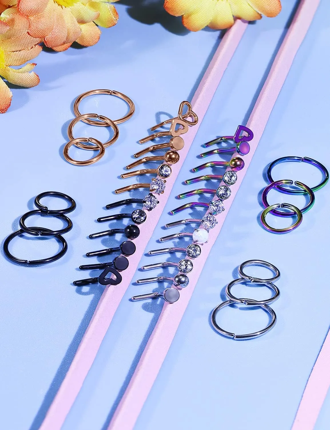 Yaalozei 18G 20G 22G Nose Rings Studs 316L Surgical Steel Hypoallergenic L Shape Screw Nose Rings Nose Hoop Diamond Heart Nostril Nose Piercing Jewelry for Women Men Silver Rose Gold Black Rainbow