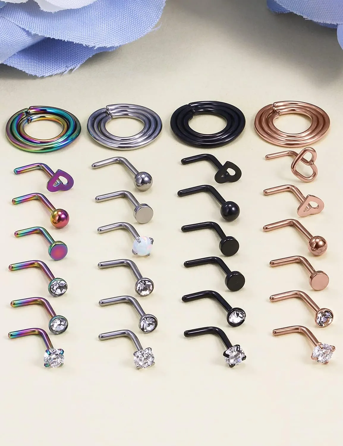 Yaalozei 18G 20G 22G Nose Rings Studs 316L Surgical Steel Hypoallergenic L Shape Screw Nose Rings Nose Hoop Diamond Heart Nostril Nose Piercing Jewelry for Women Men Silver Rose Gold Black Rainbow