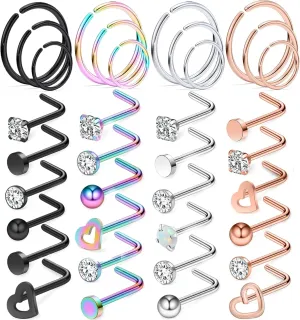 Yaalozei 18G 20G 22G Nose Rings Studs 316L Surgical Steel Hypoallergenic L Shape Screw Nose Rings Nose Hoop Diamond Heart Nostril Nose Piercing Jewelry for Women Men Silver Rose Gold Black Rainbow