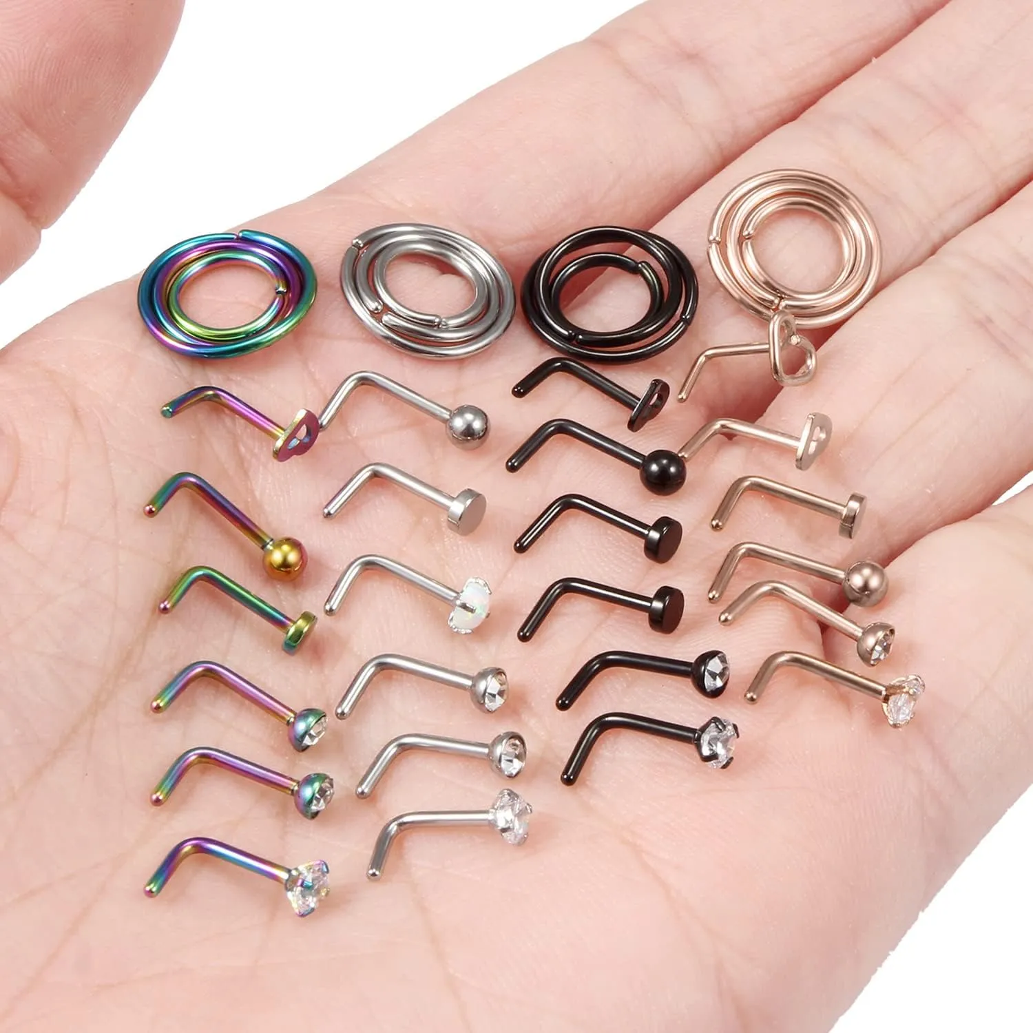 Yaalozei 18G 20G 22G Nose Rings Studs 316L Surgical Steel Hypoallergenic L Shape Screw Nose Rings Nose Hoop Diamond Heart Nostril Nose Piercing Jewelry for Women Men Silver Rose Gold Black Rainbow