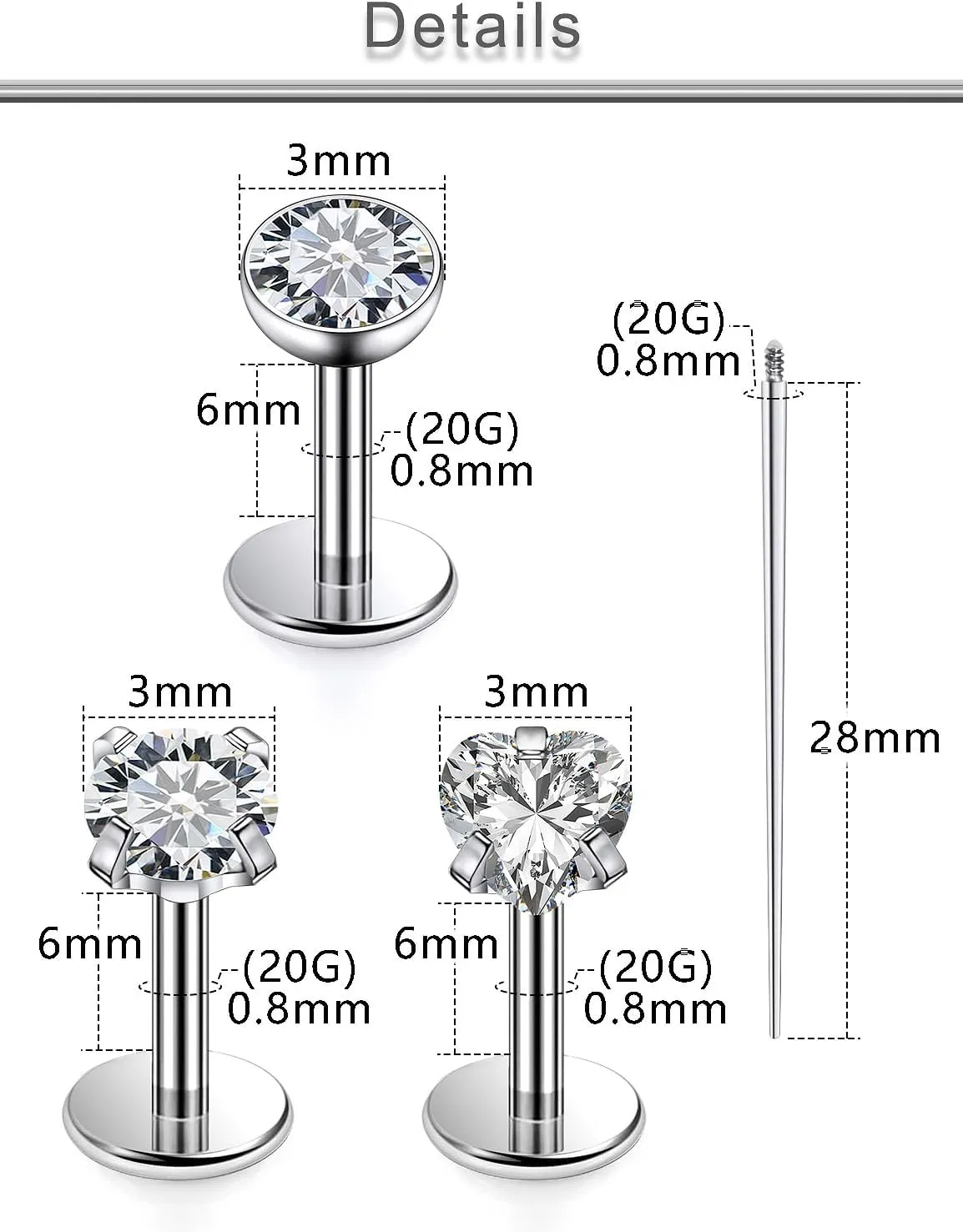 Yaalozei 20G 18G 16G F316 Titanium Flat Back Nose Rings Studs Hypoallergenic Screw on Tragus Helix Cartilage Earrings Stud Piercing Jewerly for Women Men Bars 6mm