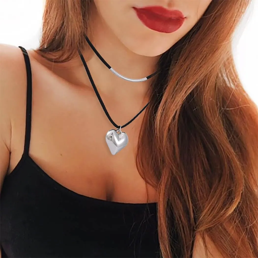 Yalice Black Velvet Choker Necklace Puff Heart Pendant Necklace Y2K Layered Necklaces Jewelry for Women