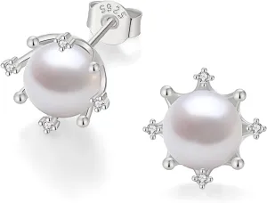 YAMI Pearl Stud Earrings - Genuine Cultured Pearls with 925 Sterling Silver & Cubic Zirconia Diamonds - Hypoallergenic Flower/Snowflake/Sun/Halo Style Studs - Elegant Jewelry Gift for Women