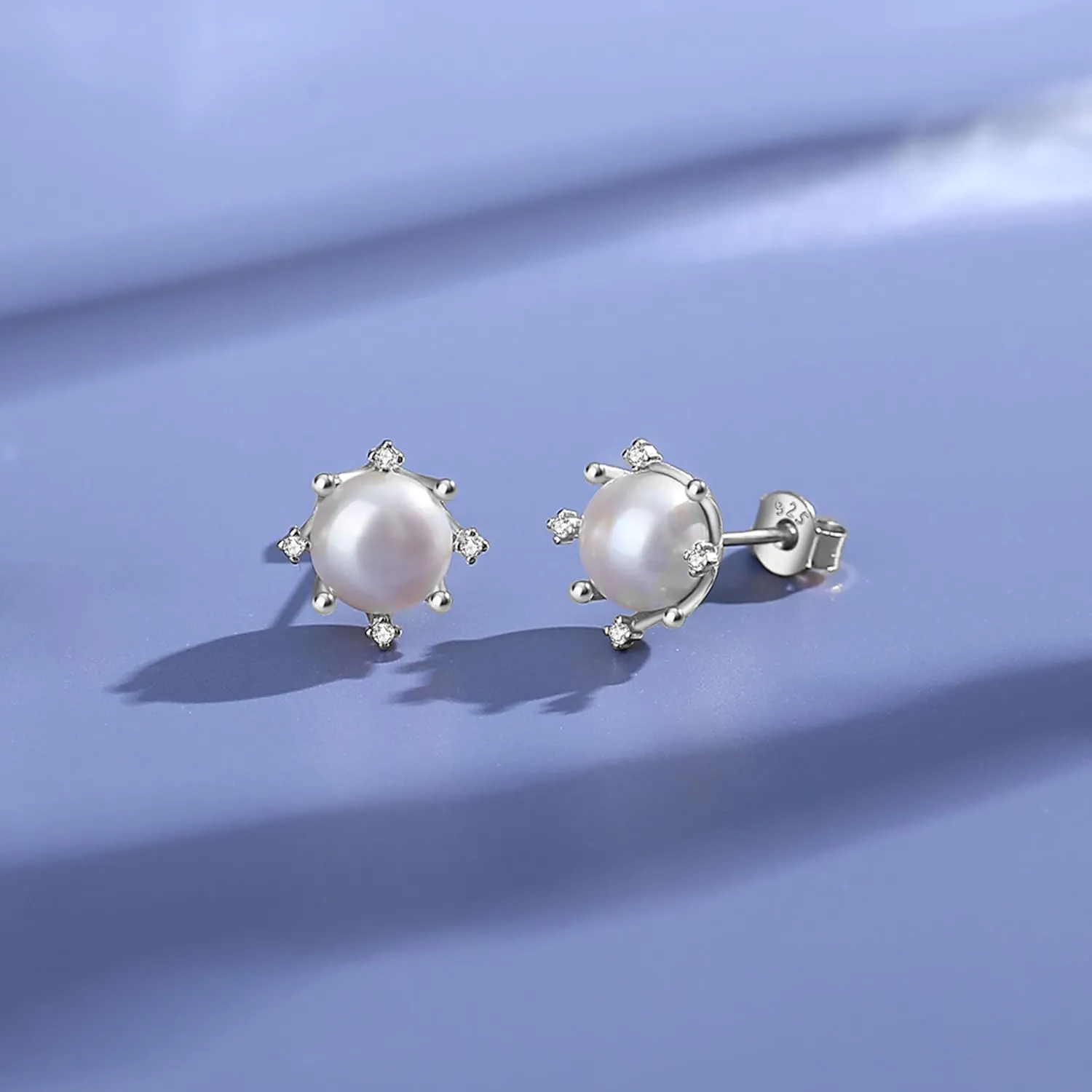 YAMI Pearl Stud Earrings - Genuine Cultured Pearls with 925 Sterling Silver & Cubic Zirconia Diamonds - Hypoallergenic Flower/Snowflake/Sun/Halo Style Studs - Elegant Jewelry Gift for Women