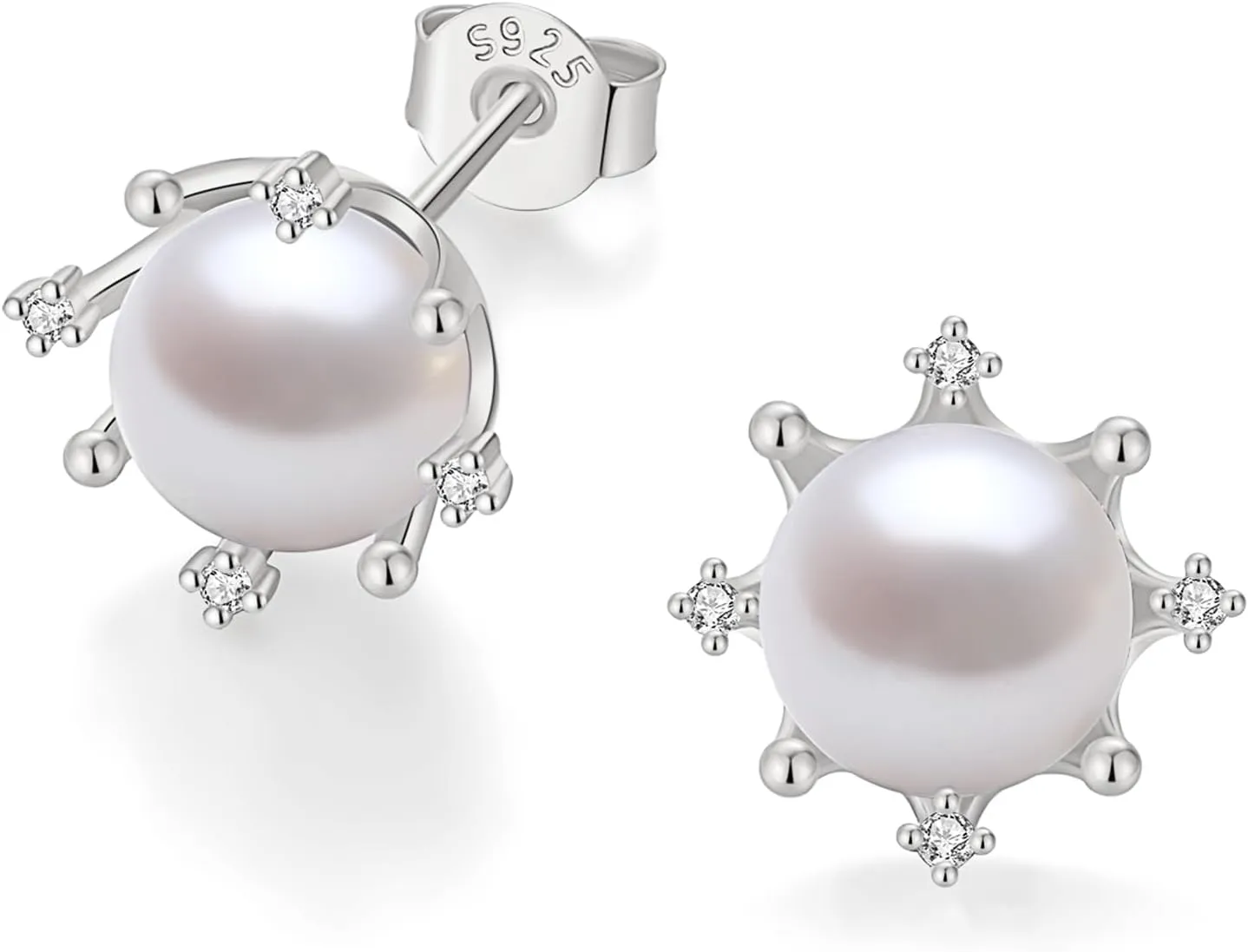 YAMI Pearl Stud Earrings - Genuine Cultured Pearls with 925 Sterling Silver & Cubic Zirconia Diamonds - Hypoallergenic Flower/Snowflake/Sun/Halo Style Studs - Elegant Jewelry Gift for Women