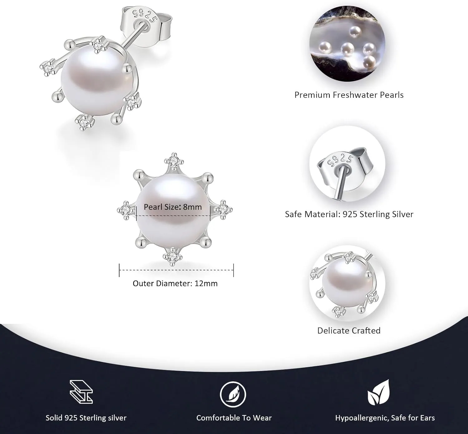 YAMI Pearl Stud Earrings - Genuine Cultured Pearls with 925 Sterling Silver & Cubic Zirconia Diamonds - Hypoallergenic Flower/Snowflake/Sun/Halo Style Studs - Elegant Jewelry Gift for Women