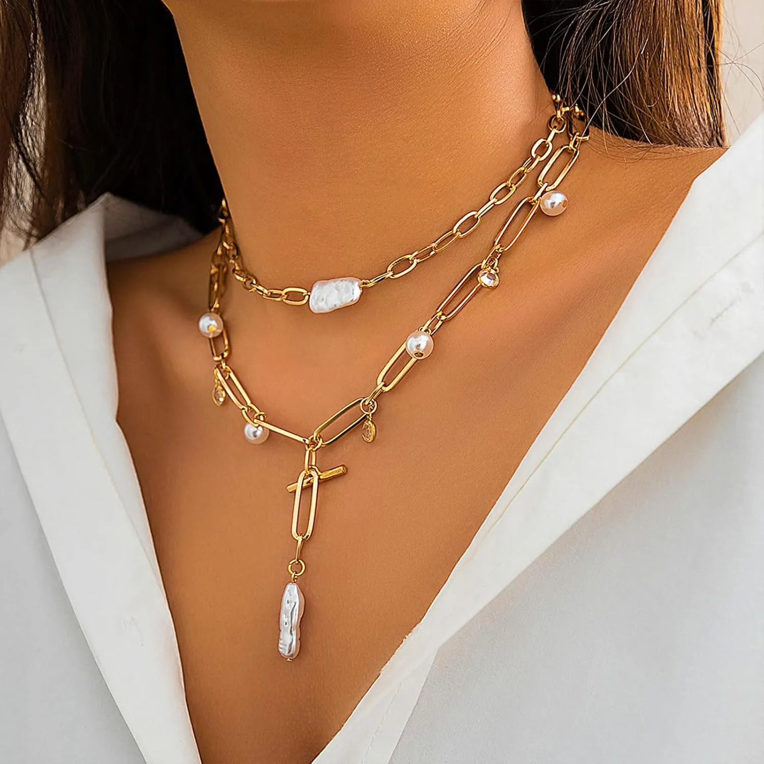 YANCHUN Gold Charm Necklace Beach Jewelry for Women Trendy Summer Shell Pearl Coin Paperclip Chain Necklaces Western Jewelry Cowgirl Outfits Accessories Boho Summer Outfits for Women 2025
