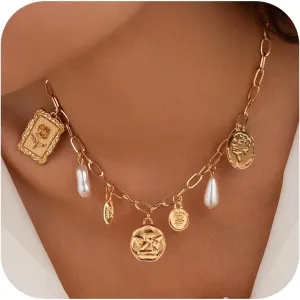 YANCHUN Gold Charm Necklace Beach Jewelry for Women Trendy Summer Shell Pearl Coin Paperclip Chain Necklaces Western Jewelry Cowgirl Outfits Accessories Boho Summer Outfits for Women 2025