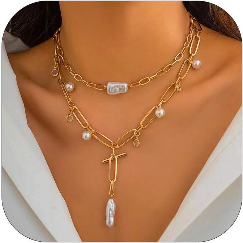 YANCHUN Gold Charm Necklace Beach Jewelry for Women Trendy Summer Shell Pearl Coin Paperclip Chain Necklaces Western Jewelry Cowgirl Outfits Accessories Boho Summer Outfits for Women 2025