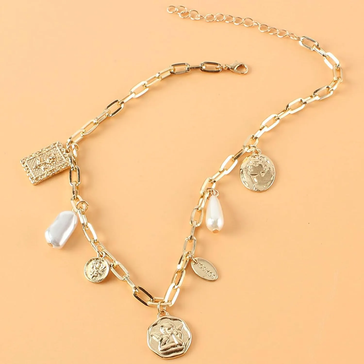 YANCHUN Gold Charm Necklace Beach Jewelry for Women Trendy Summer Shell Pearl Coin Paperclip Chain Necklaces Western Jewelry Cowgirl Outfits Accessories Boho Summer Outfits for Women 2025