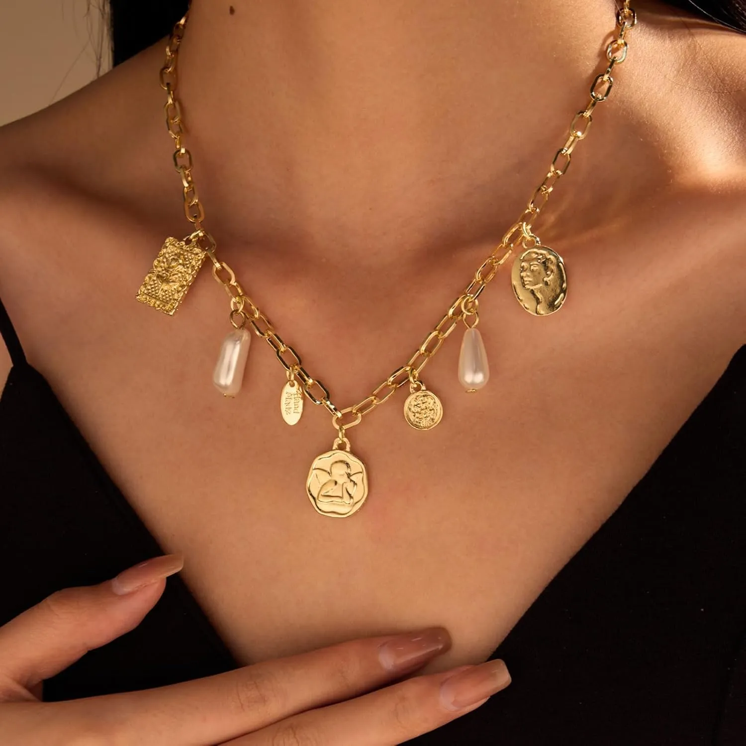 YANCHUN Gold Charm Necklace Beach Jewelry for Women Trendy Summer Shell Pearl Coin Paperclip Chain Necklaces Western Jewelry Cowgirl Outfits Accessories Boho Summer Outfits for Women 2025