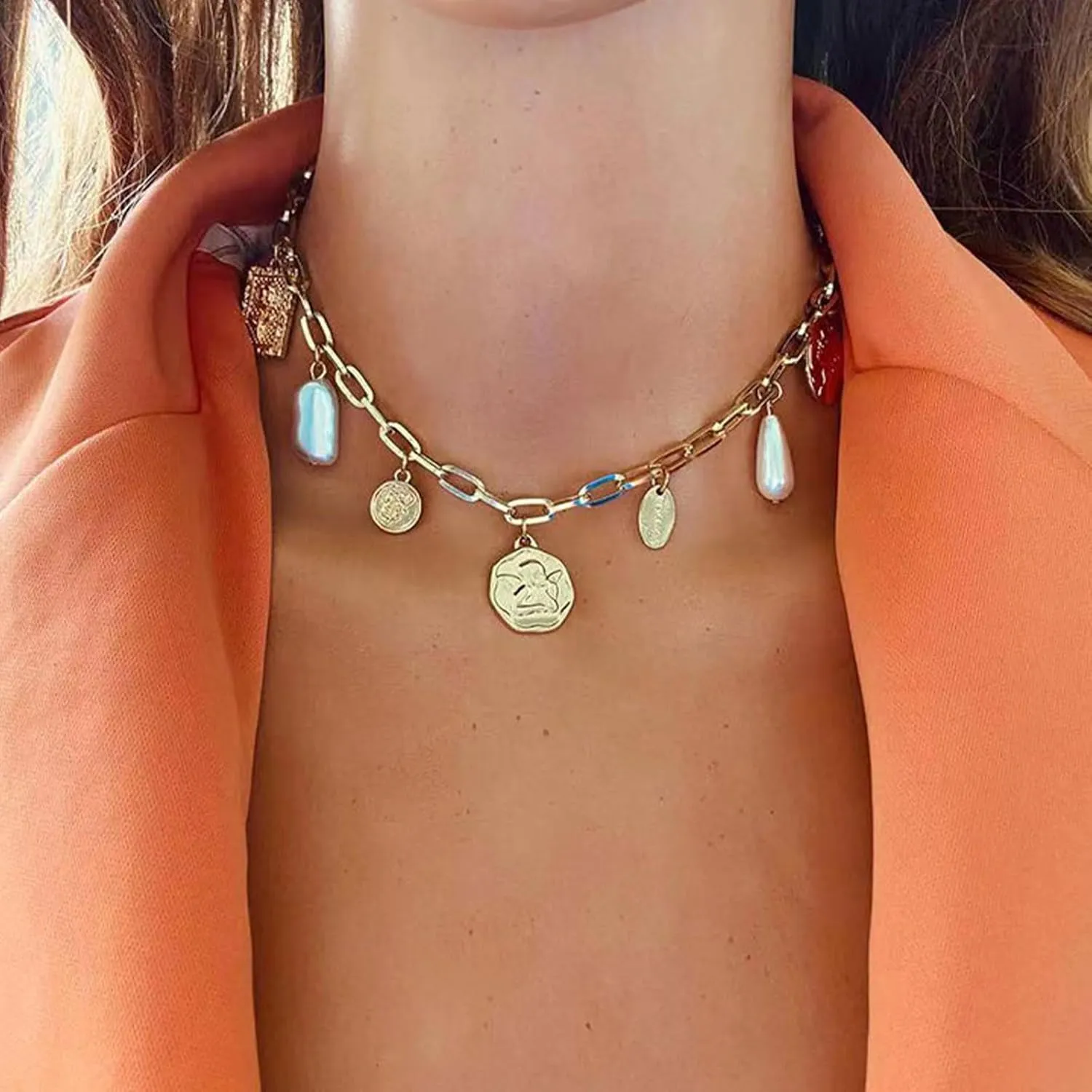 YANCHUN Gold Charm Necklace Beach Jewelry for Women Trendy Summer Shell Pearl Coin Paperclip Chain Necklaces Western Jewelry Cowgirl Outfits Accessories Boho Summer Outfits for Women 2025