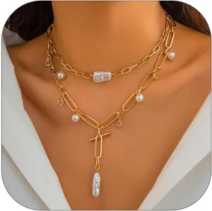YANCHUN Gold Charm Necklace Beach Jewelry for Women Trendy Summer Shell Pearl Coin Paperclip Chain Necklaces Western Jewelry Cowgirl Outfits Accessories Boho Summer Outfits for Women 2025
