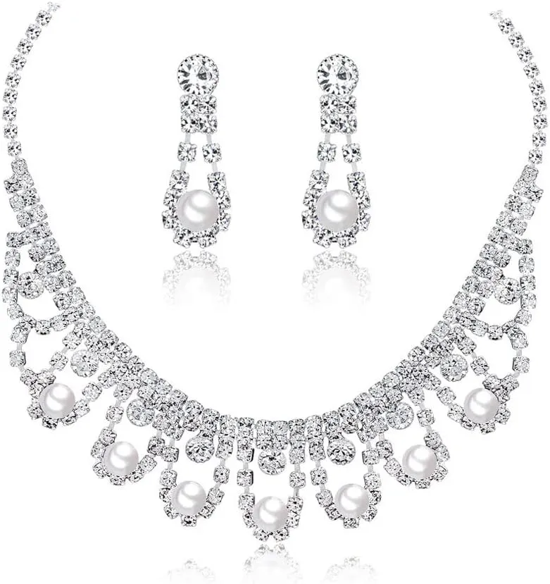 YAZILIND Bridal Jewelry Set Rhinestone CZ Imitation Pearl Pendant Wedding Necklace Earrings