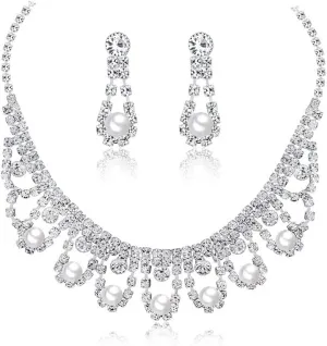 YAZILIND Bridal Jewelry Set Rhinestone CZ Imitation Pearl Pendant Wedding Necklace Earrings