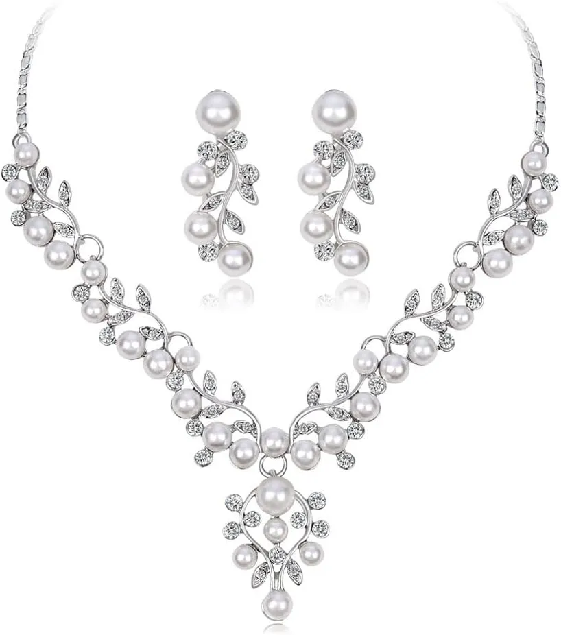 YAZILIND Bridal Necklace Earrings Rhinestone Imitation Pearl Wedding Jewelry Set