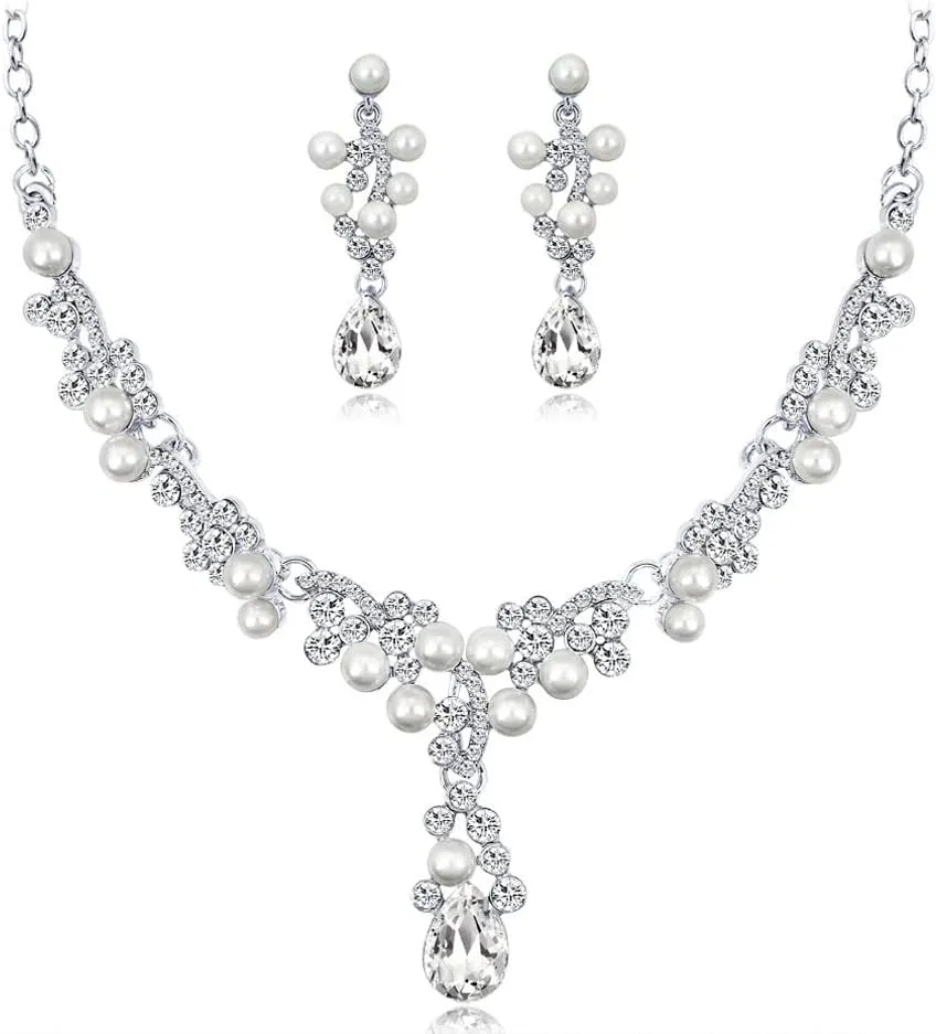 YAZILIND Bride Jewelry Set Imitation Pearl Necklace Drop Dangle Earrings Wedding Party Evening Dress Accessories