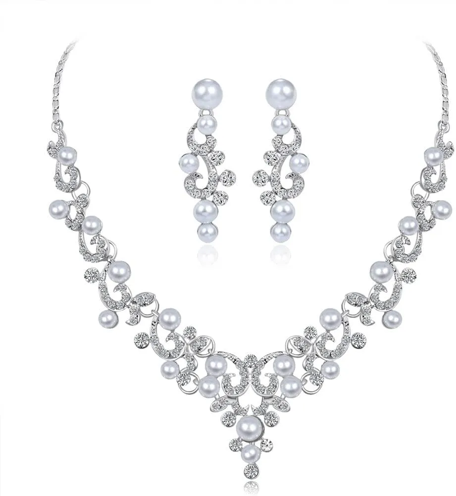 YAZILIND Bride Jewelry Set Imitation Pearl Necklace Drop Dangle Earrings Wedding Party Evening Dress Accessories