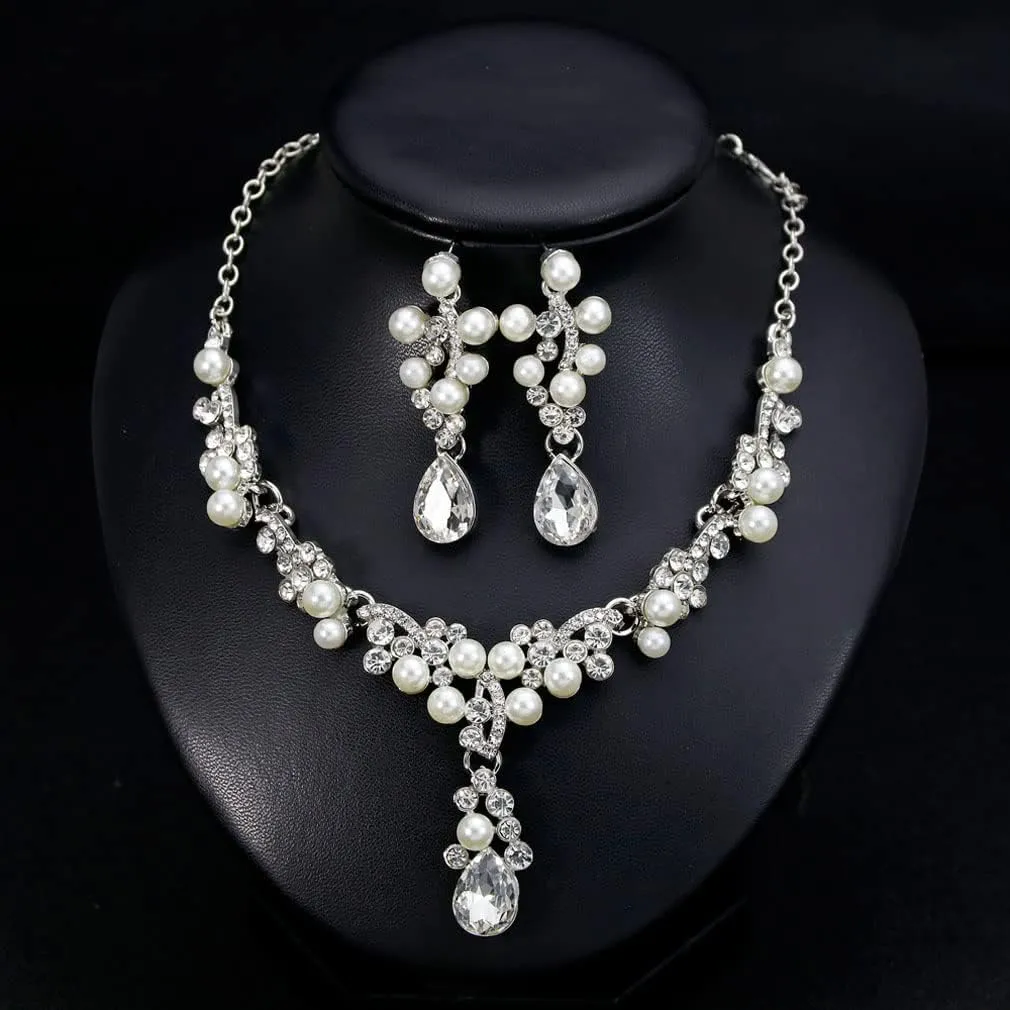 YAZILIND Bride Jewelry Set Imitation Pearl Necklace Drop Dangle Earrings Wedding Party Evening Dress Accessories