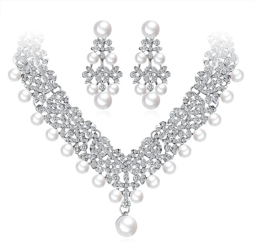 YAZILIND Imitation Pearl Jewelry Set Rhinestone Wedding Bridal Necklace Earrings