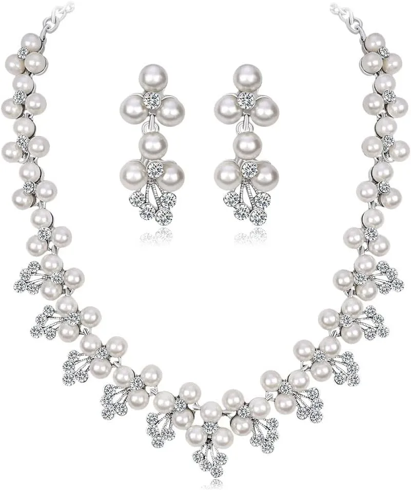 YAZILIND Rhinestone Bridal Necklace Earring Set Imitation Pearl Wedding Jewelry Sets