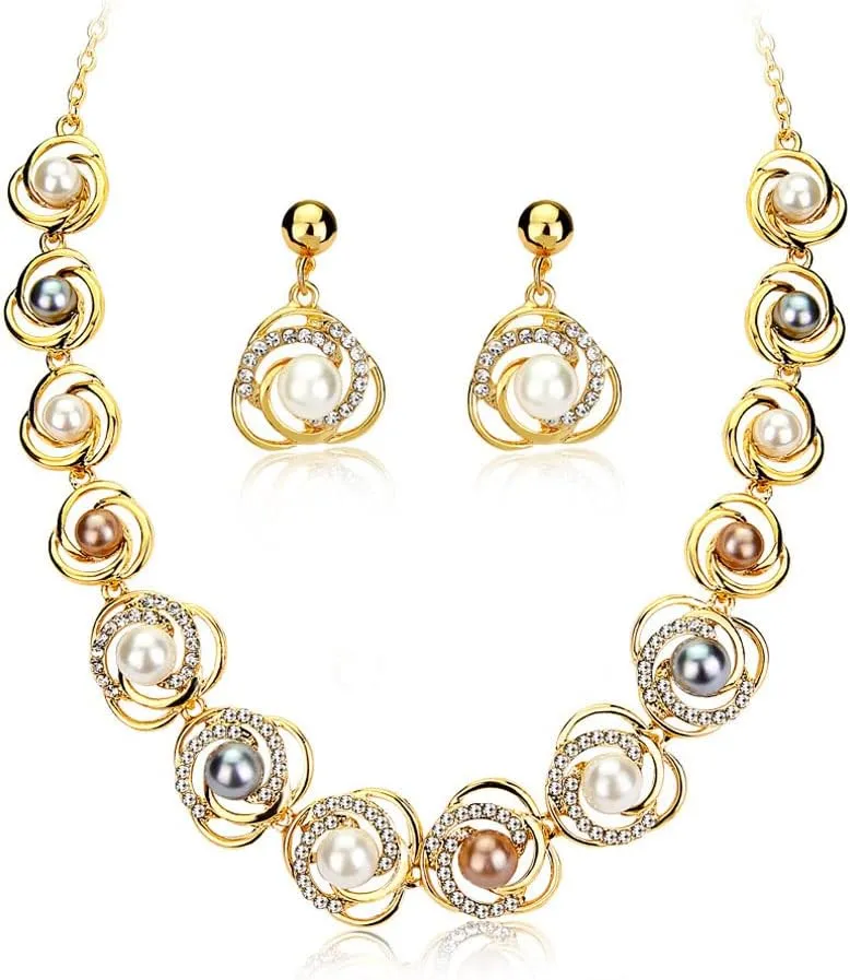 YAZILIND Wedding Bridal Rhinestone Jewelry Set Imitation Pearl Hollow Pendant Dangle Earrings Bride Necklace