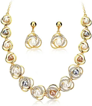 YAZILIND Wedding Bridal Rhinestone Jewelry Set Imitation Pearl Hollow Pendant Dangle Earrings Bride Necklace