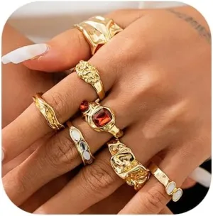 ZMANYIJEW Chunky Gold Rings Set for Women 14K Thick Dome Statement Rings Stackable Finger Knuckle Open Rings Punk Vintage Jewelry