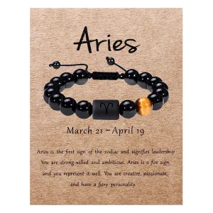 Zodiac Bracelet for Men Women 10mm Natural Black Onyx Stone Star Sign Constellation Horoscope Bracelet Gifts (Aries)
