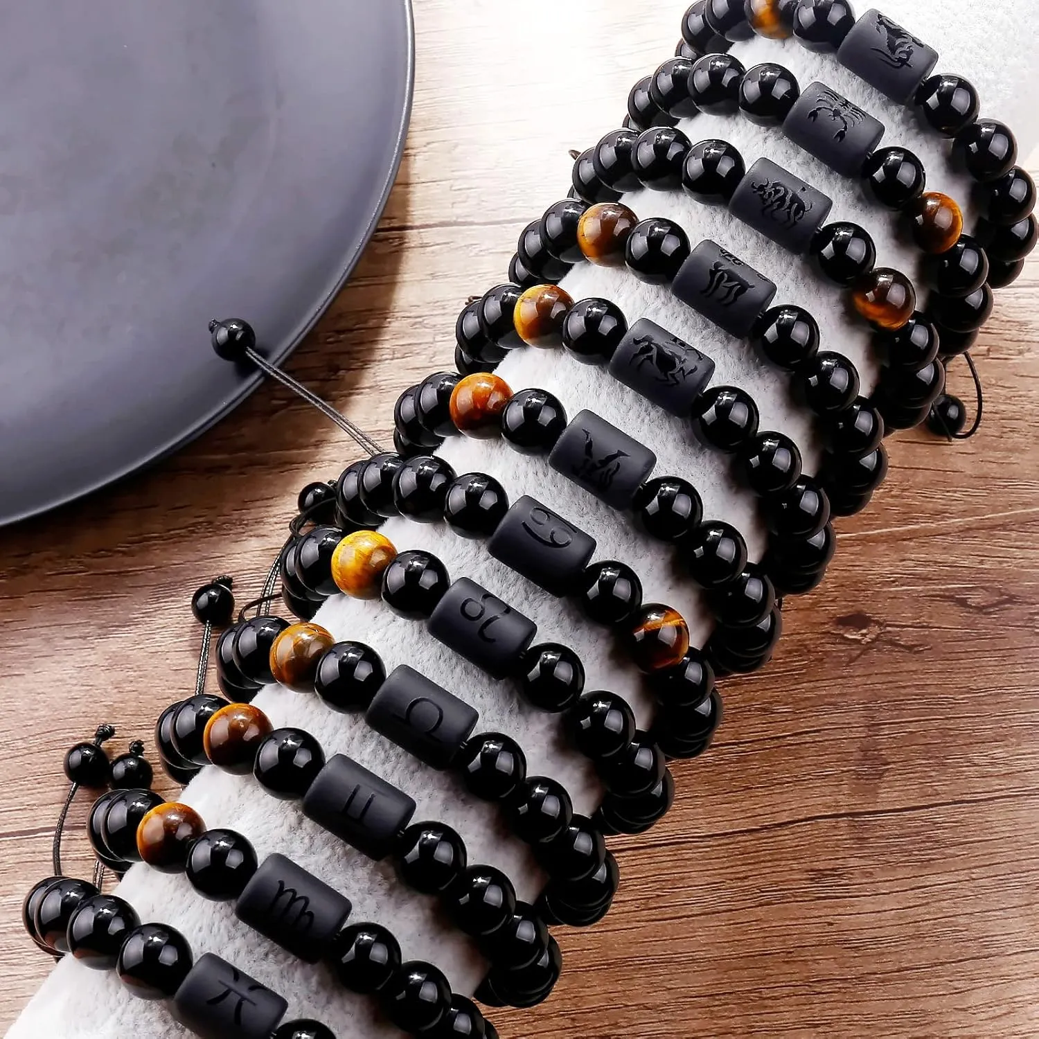 Zodiac Bracelet for Men Women 10mm Natural Black Onyx Stone Star Sign Constellation Horoscope Bracelet Gifts (Aries)