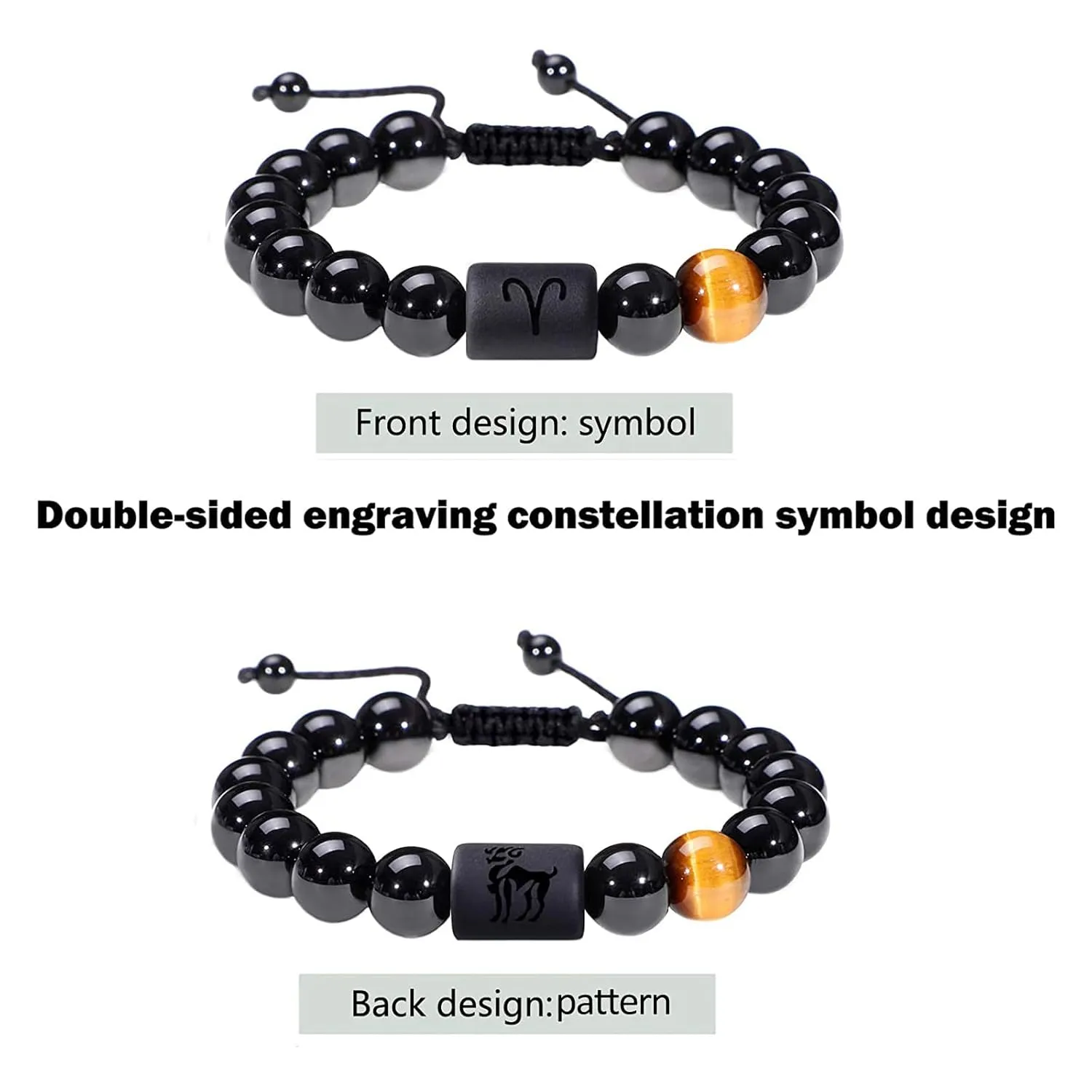 Zodiac Bracelet for Men Women 10mm Natural Black Onyx Stone Star Sign Constellation Horoscope Bracelet Gifts (Aries)