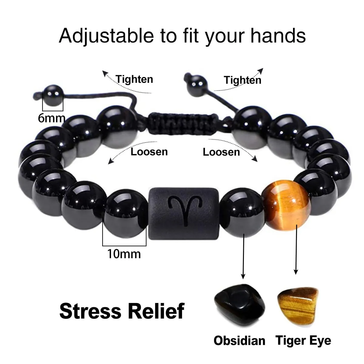 Zodiac Bracelet for Men Women 10mm Natural Black Onyx Stone Star Sign Constellation Horoscope Bracelet Gifts (Aries)
