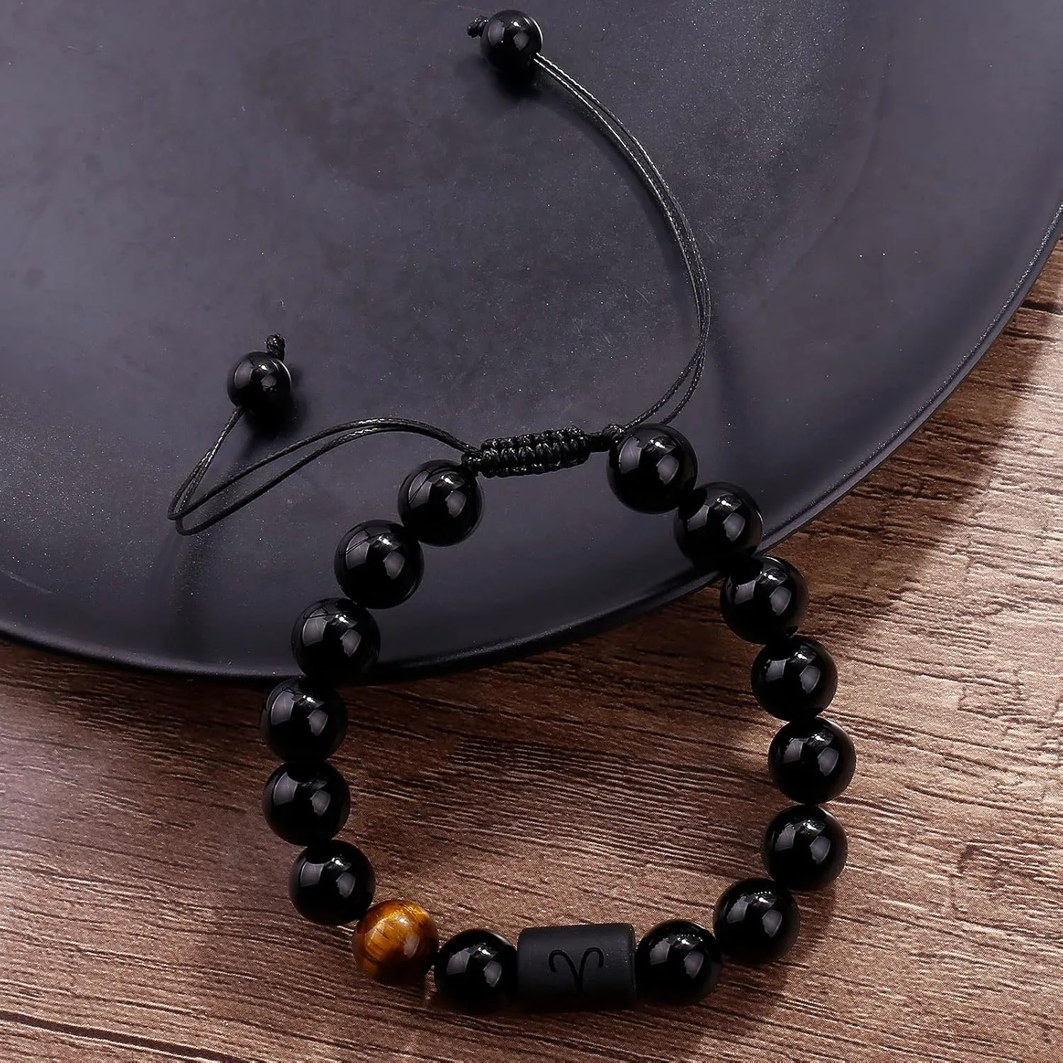 Zodiac Bracelet for Men Women 10mm Natural Black Onyx Stone Star Sign Constellation Horoscope Bracelet Gifts (Aries)