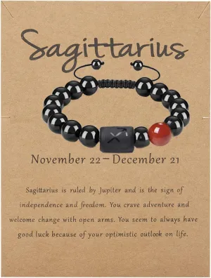 Zodiac Bracelet for Men Women Adjustable Natural Black Onyx Stone Bracelet 8mm 10mm Star Sign Constellation Horoscope Bracelet Gifts