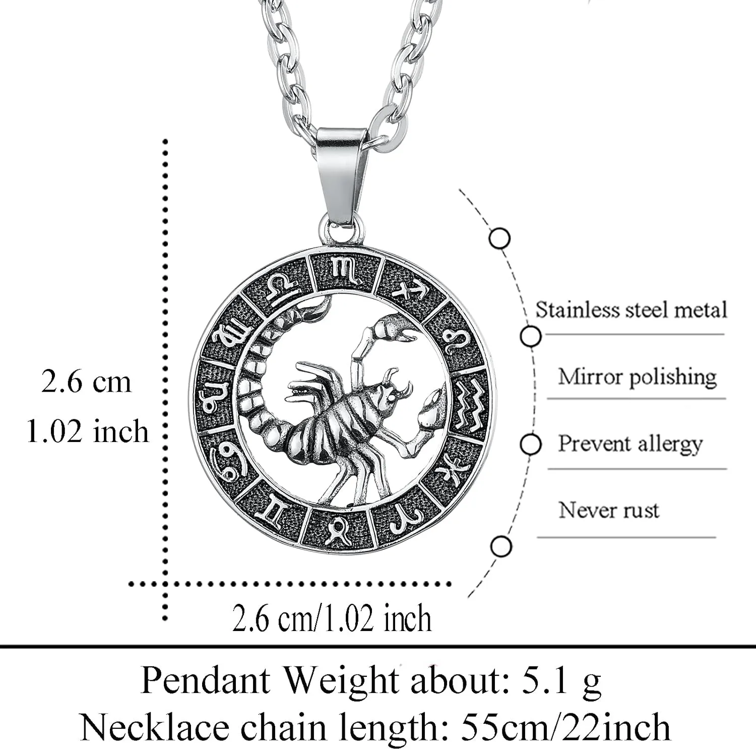 Zodiac Sign Pendant Necklaces for Women Men Stainless Steels Leo Constellation Horoscope Medallion Retro Celestial Astrology Jewelry