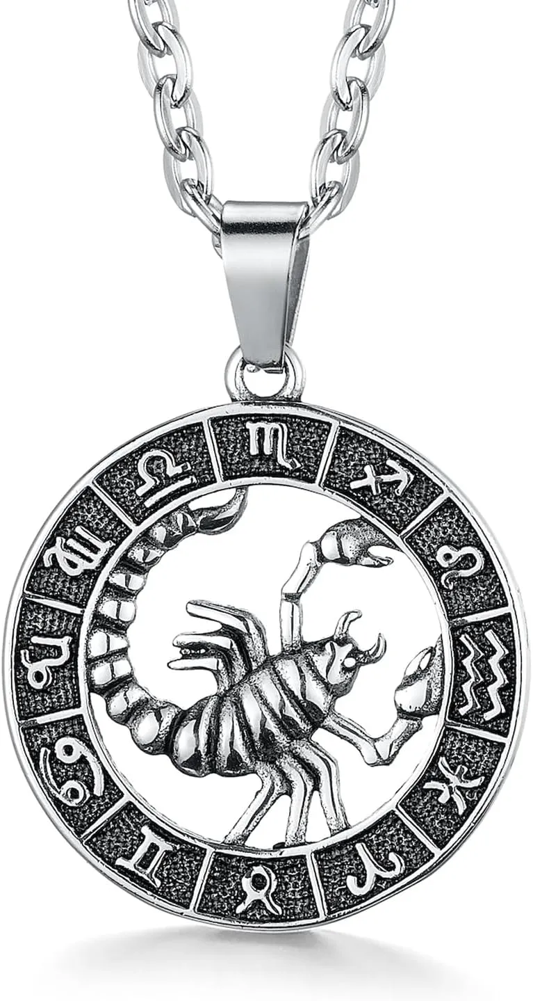 Zodiac Sign Pendant Necklaces for Women Men Stainless Steels Leo Constellation Horoscope Medallion Retro Celestial Astrology Jewelry