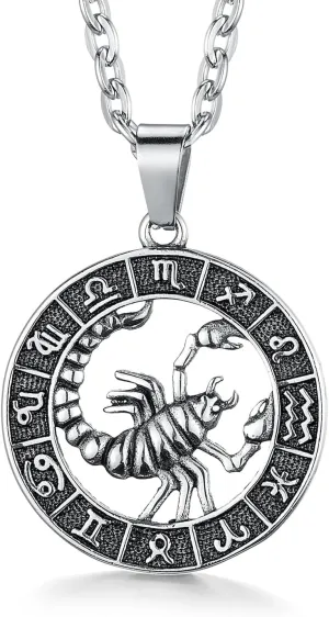 Zodiac Sign Pendant Necklaces for Women Men Stainless Steels Leo Constellation Horoscope Medallion Retro Celestial Astrology Jewelry