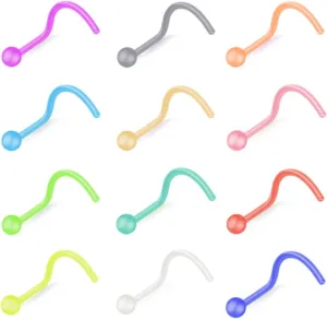 ZS 12pcs 20G Colorful Bioflex Flexible Nose Retainer Rings, Bioplastic Bendable Clear Nose Studs Nostril Piercing Jewelry for Women Men