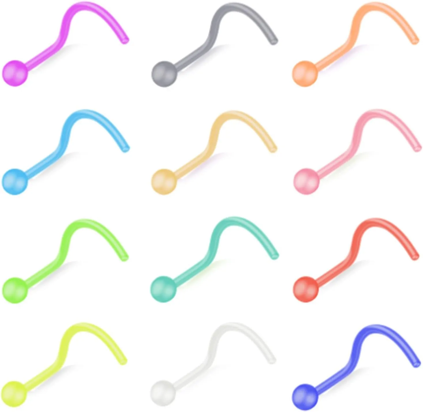 ZS 12pcs 20G Colorful Bioflex Flexible Nose Retainer Rings, Bioplastic Bendable Clear Nose Studs Nostril Piercing Jewelry for Women Men