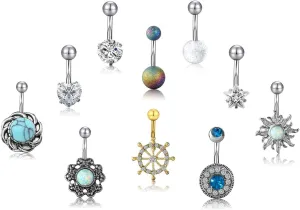Zysta 10 Pcs 14g Belly Botton Rings Set Clear Cz Stainless Steel Mix Styles Dangle Wing Cross Heart Anchor Follow 1.4mm Barbell Bars Navel Ring Women Piercing Body Jewelry